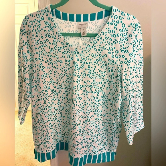 Weekend by Chico’s sz 1 women’s leopard ways striped trim top. V-neck 3/4 sleeve - Picture 1 of 8